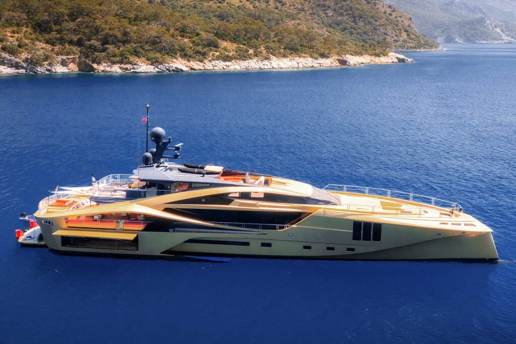 aerial view of beautiful luxury golden yacht in bl EUU3C3A